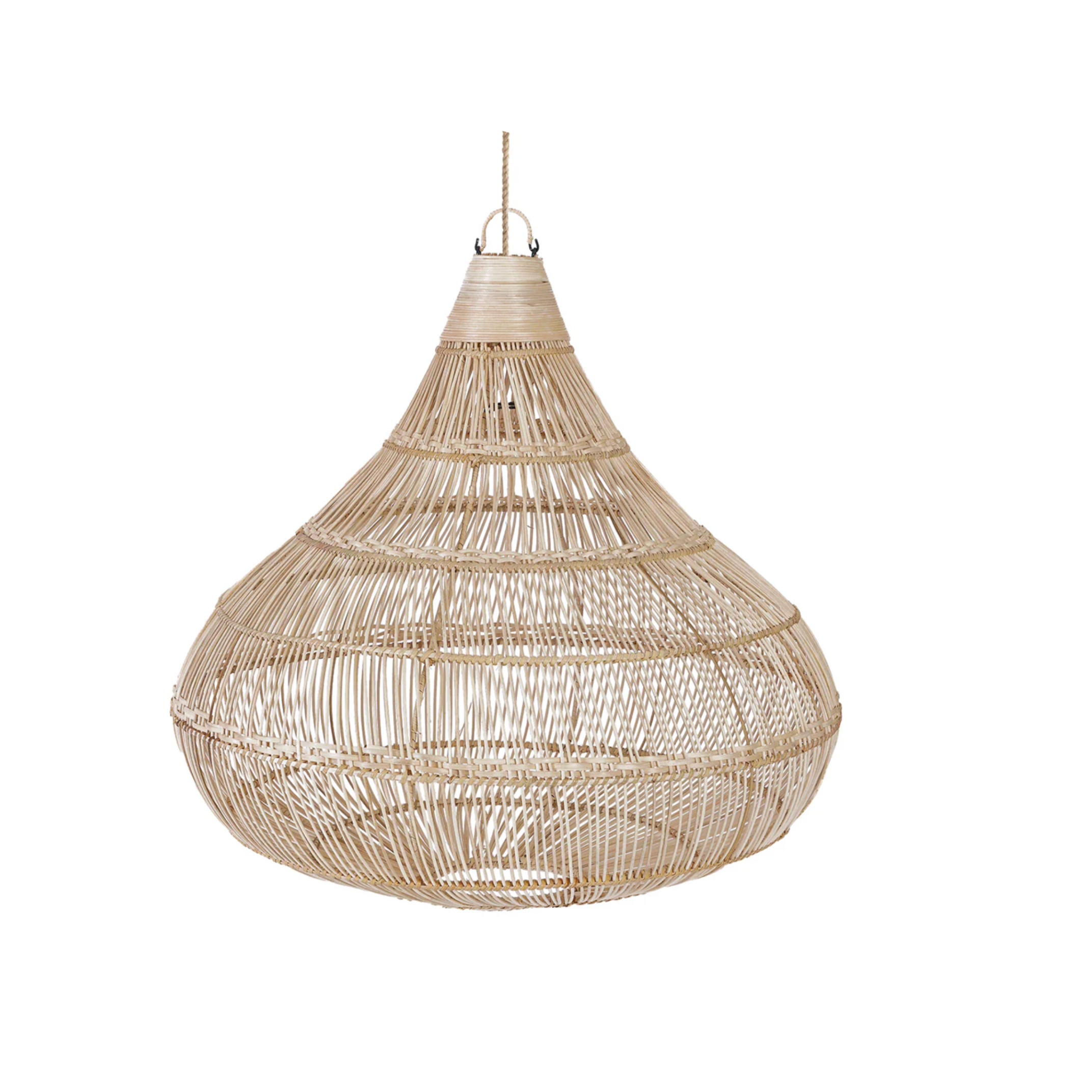Rokdarbu pīta griestu lampa no kārkla ar boho stilu un minimālisma formu viesistabā