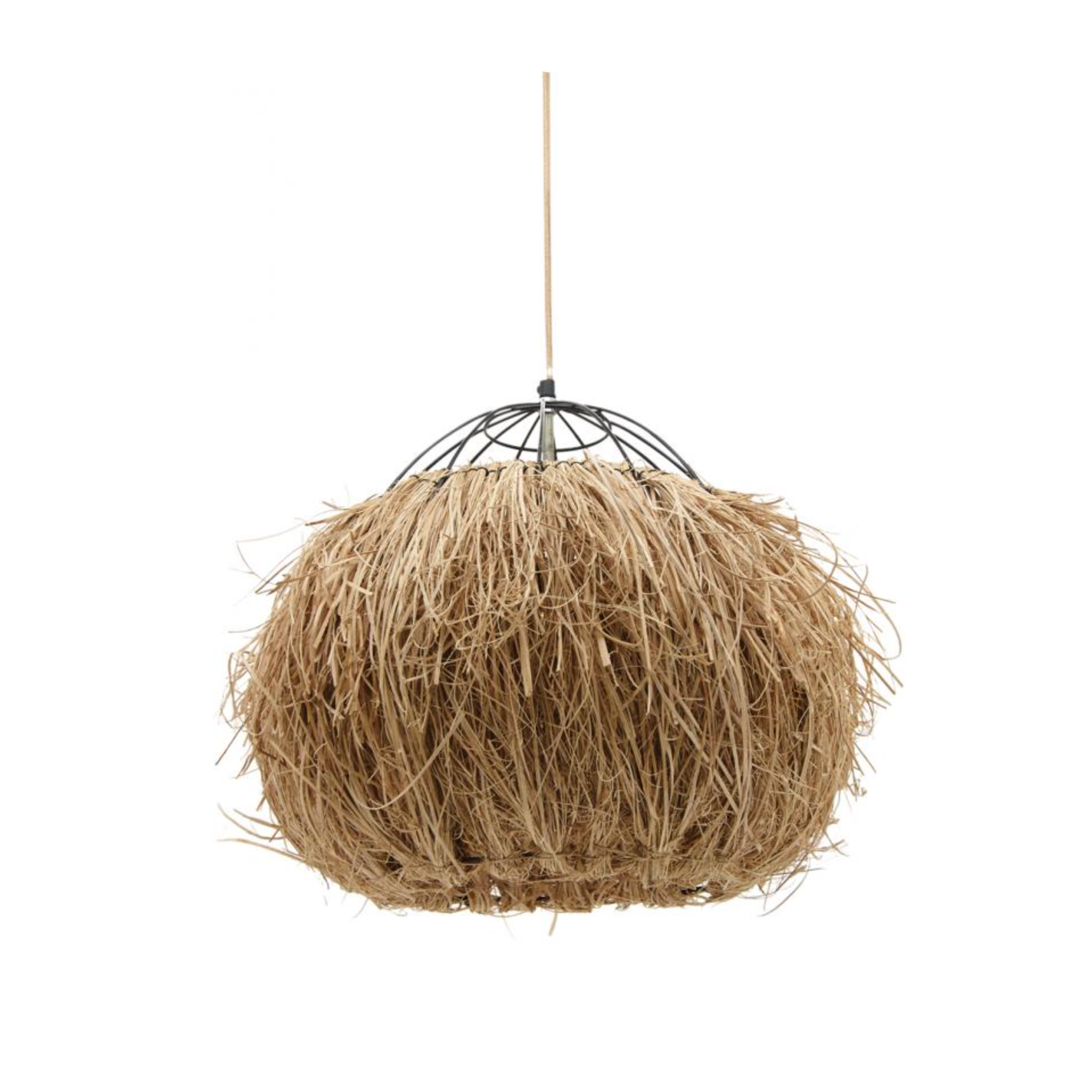 Apaļa pīta griestu lampa no niedrēm ar metāla rāmi.