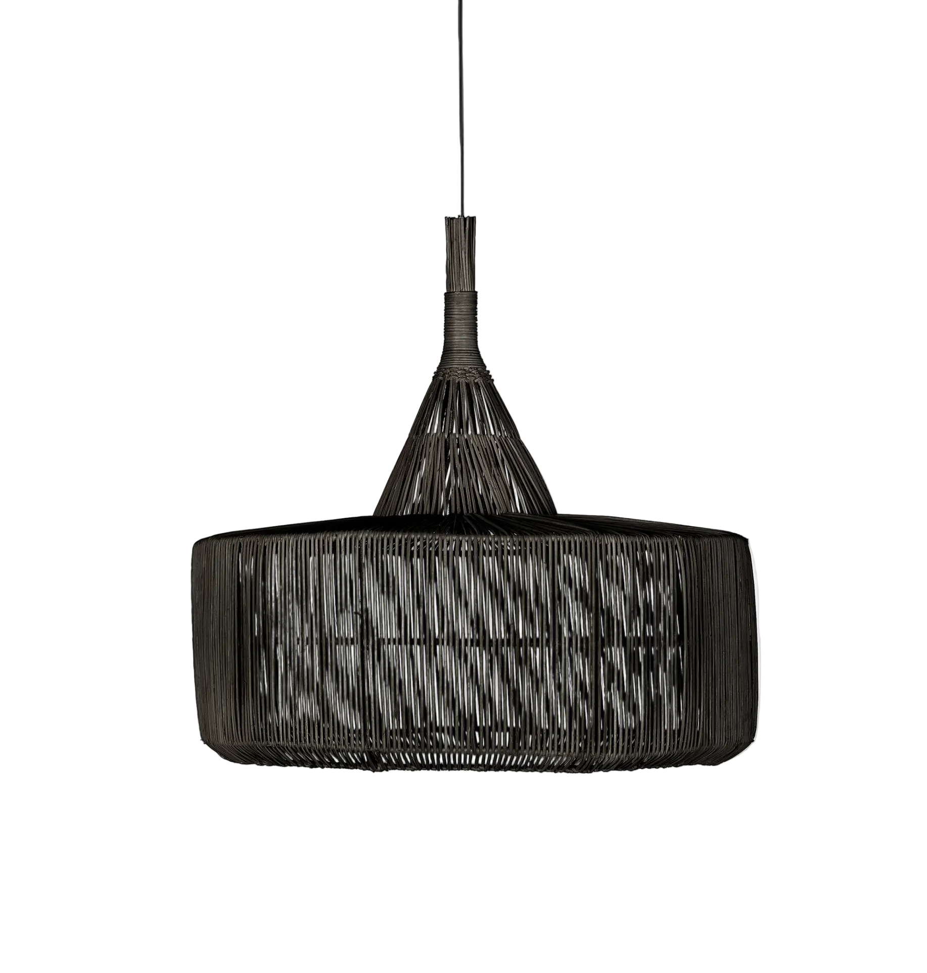 Pīta griestu lampa, melns rotangs, koniska un cilindriska forma