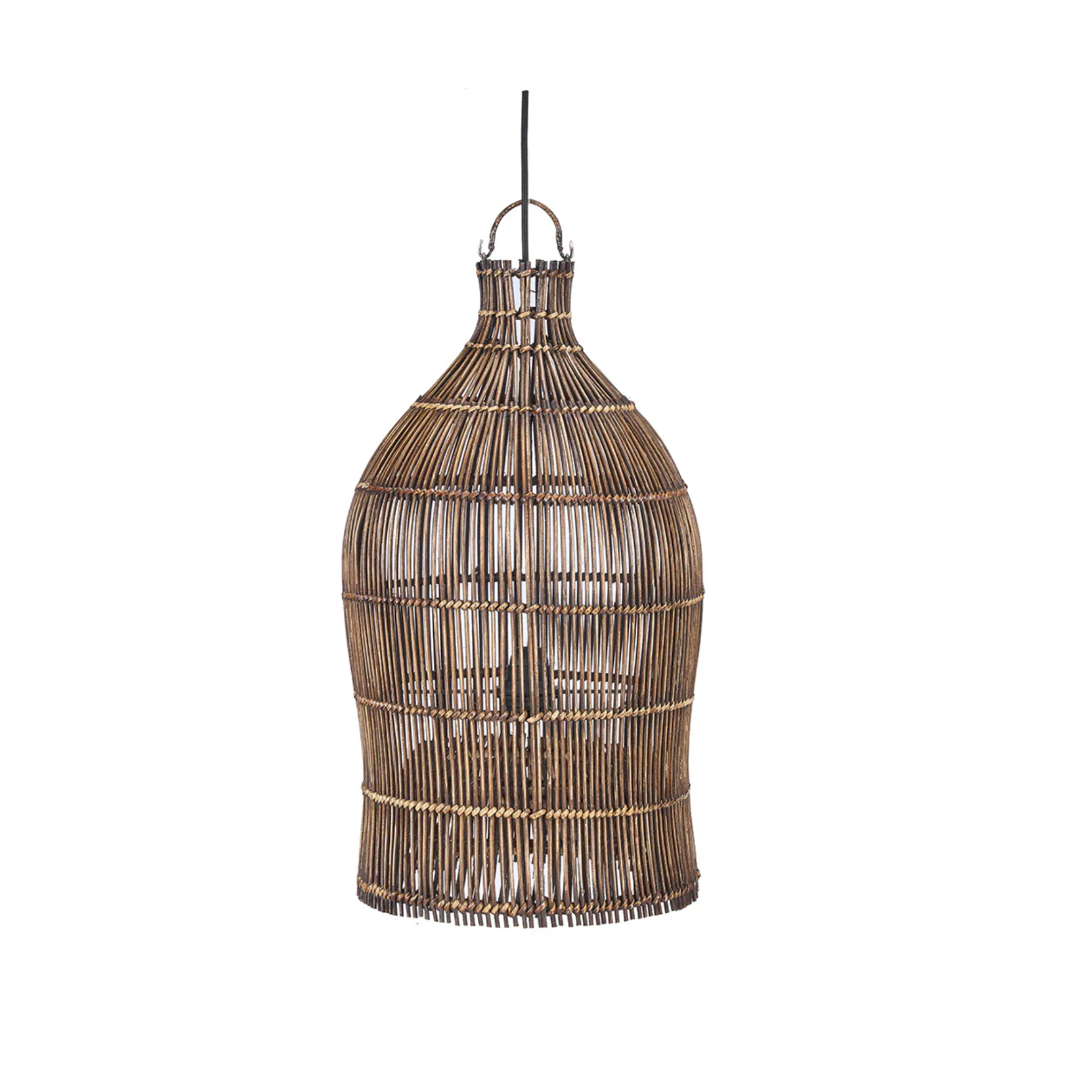 Pīta griestu lampa no rotanga. Koniska forma, silts apgaismojums.